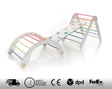 Load image into Gallery viewer, Pastel Rainbow color adjustable climbing triangle and arch set, Adjustable climbing triangle, Rainbow climber, Pikler and arch set
