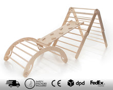 Load image into Gallery viewer, Natural wood color Transformable Pikler triangle and arch set
